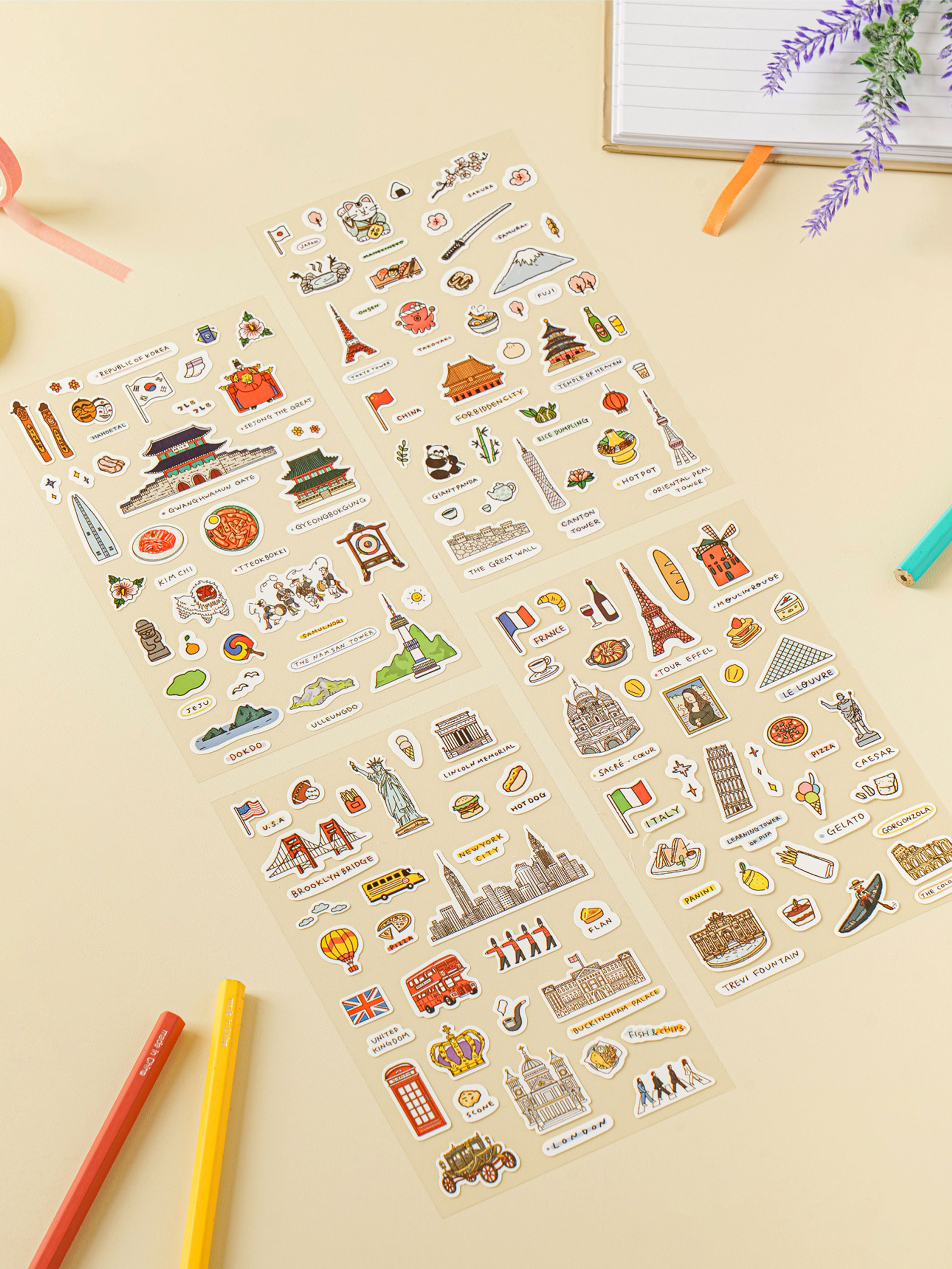 4 travel-themed stickers