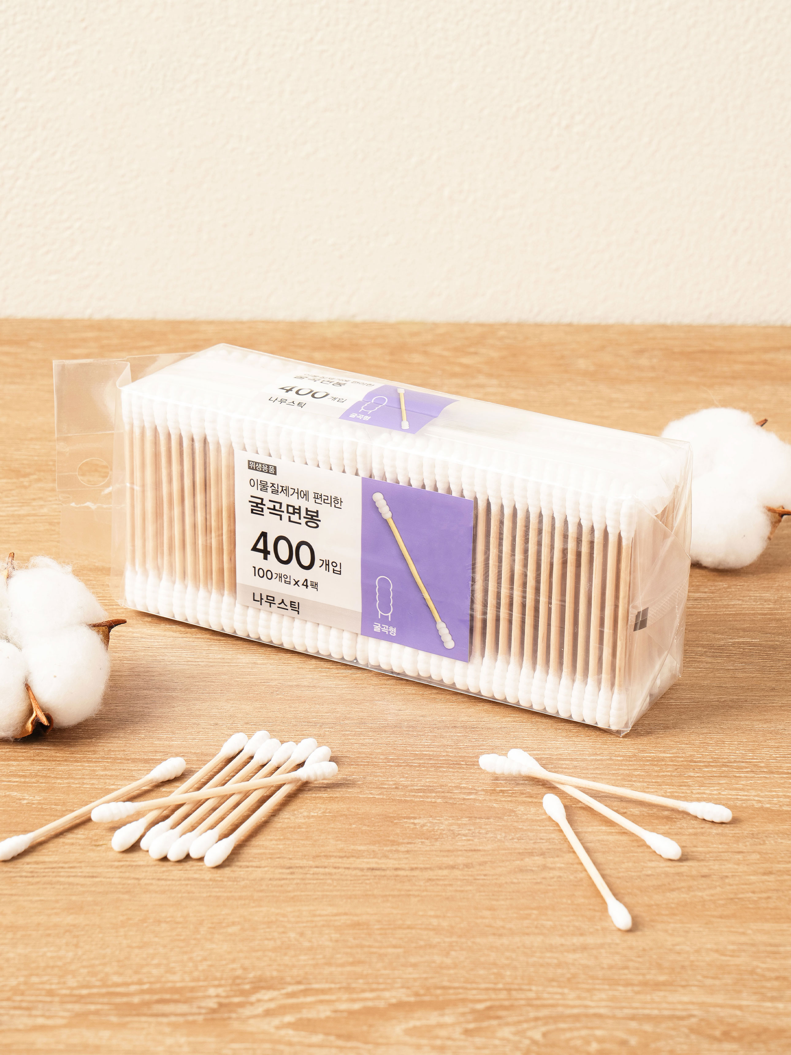 4 packs of 100 spiral wooden cotton swabs
