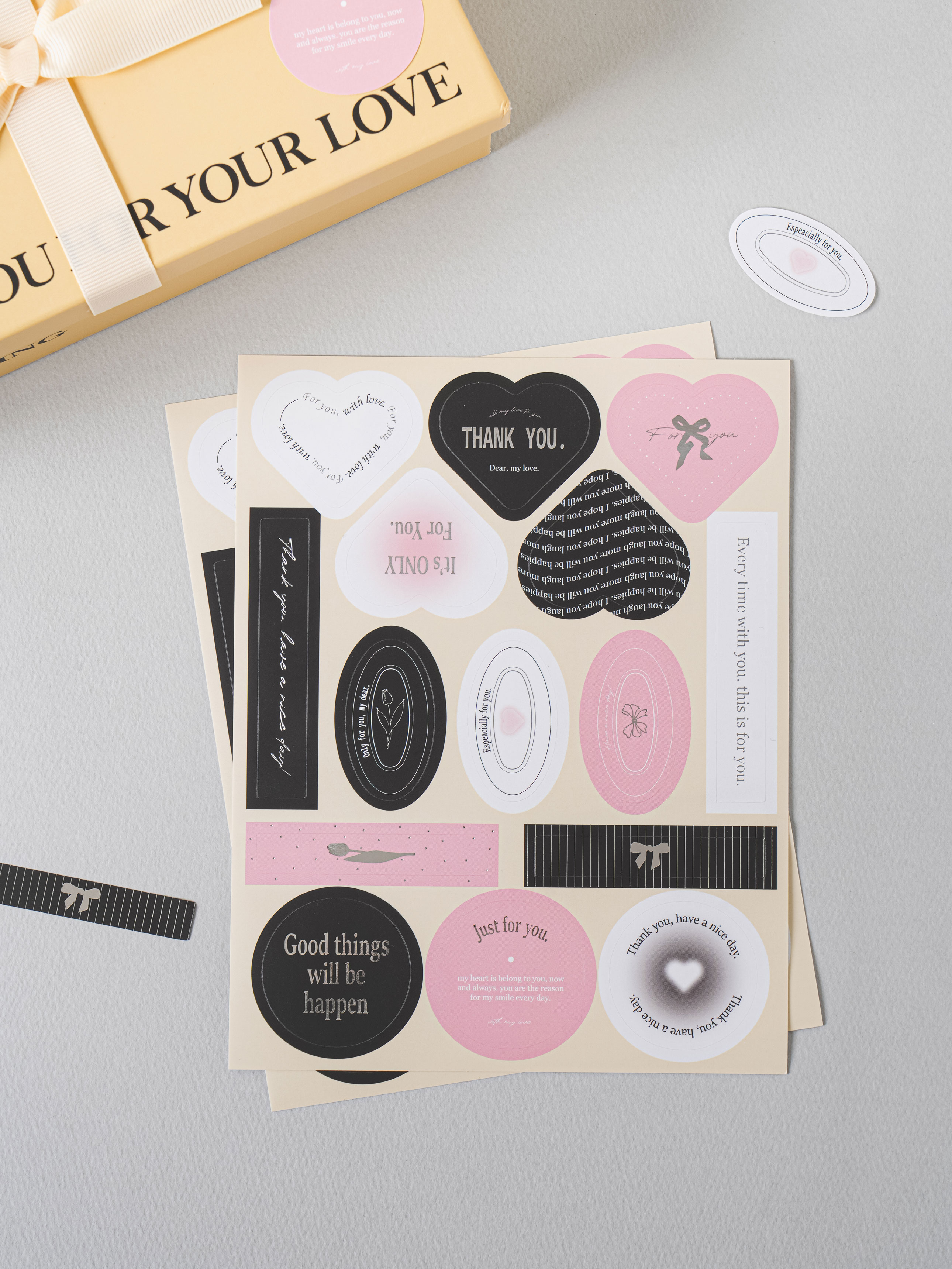 2 heart silver foil gift stickers