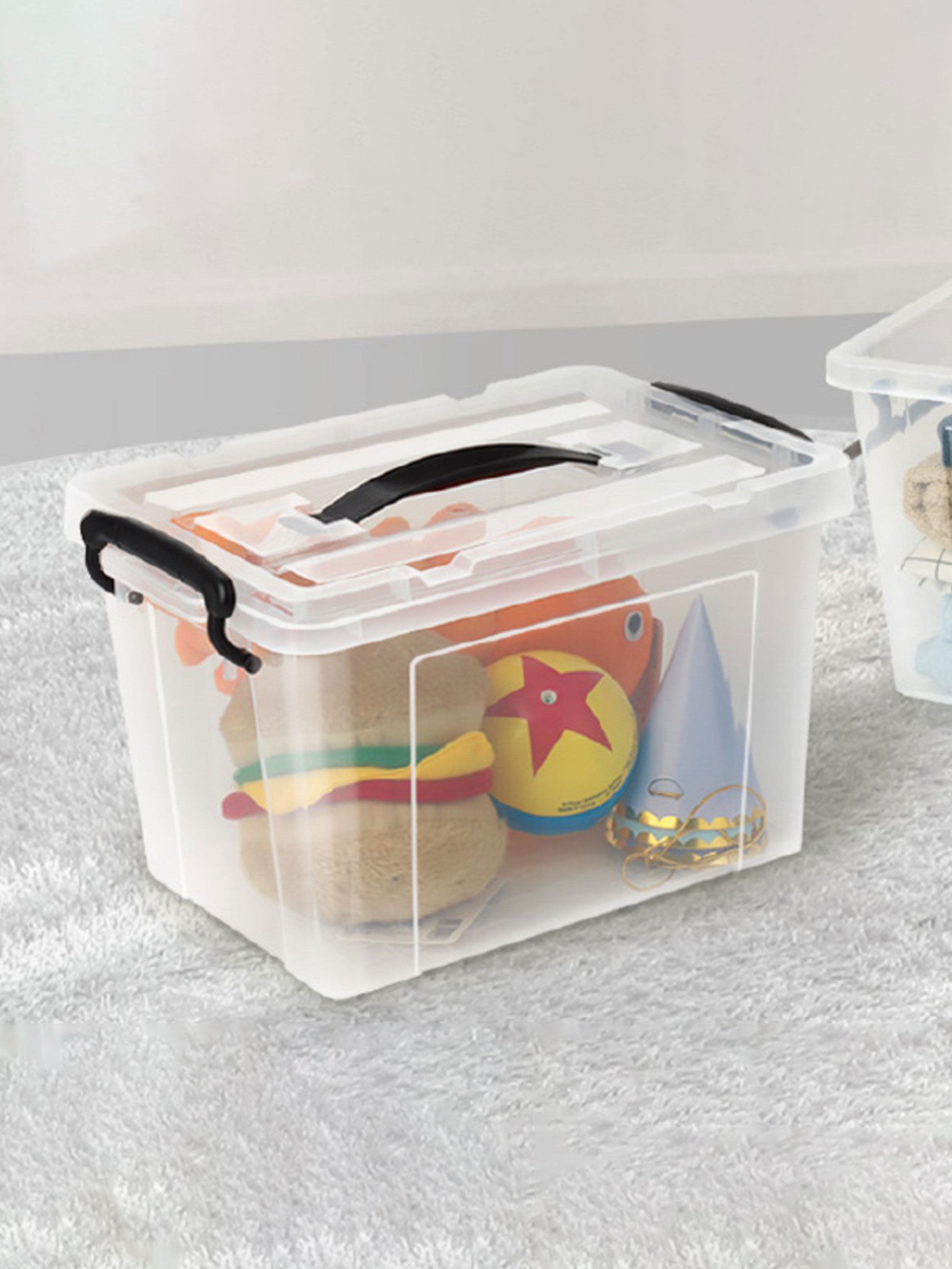 Among transparent storage boxes