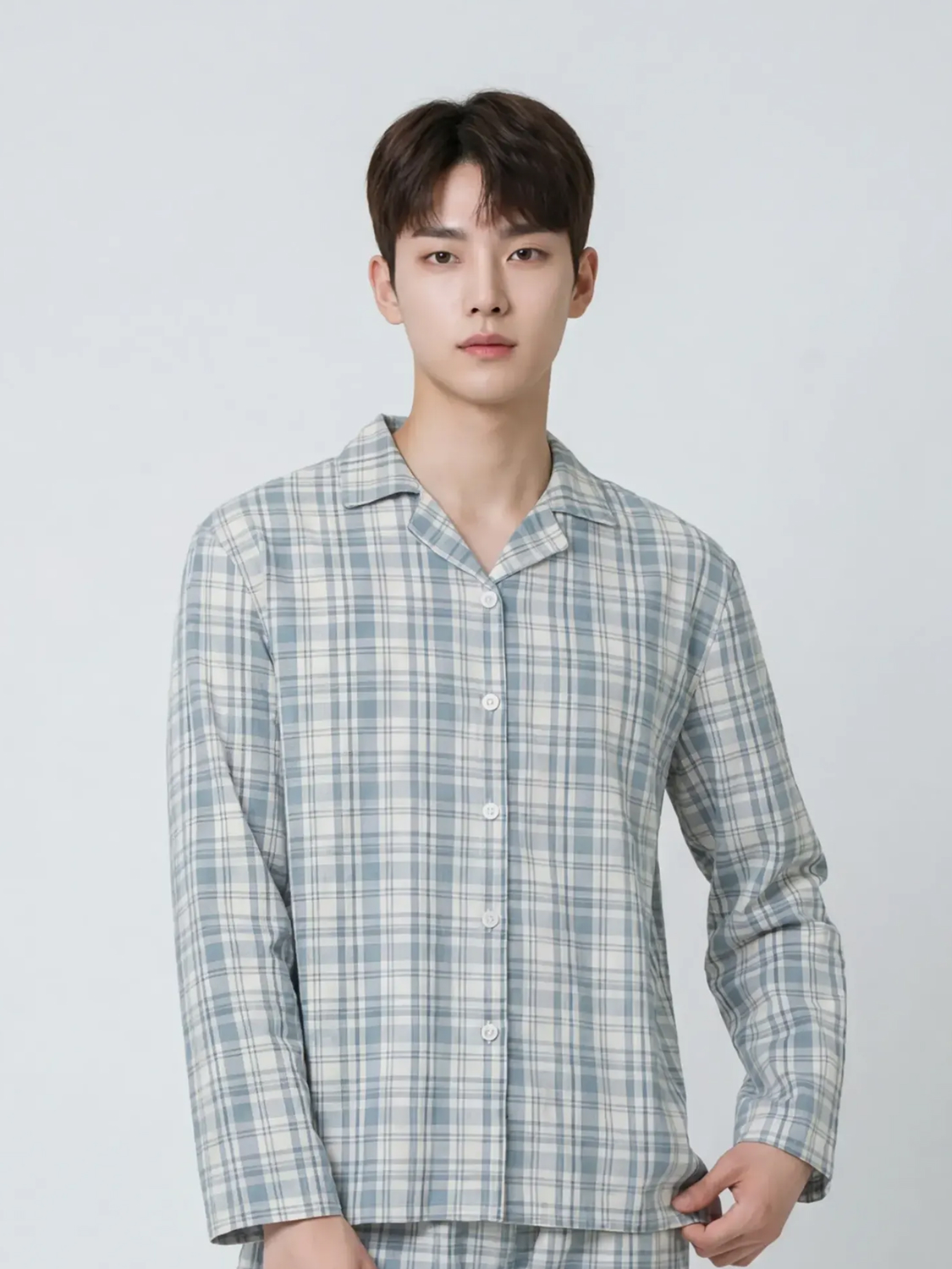 면 혼방 파자마 상의 L 그린