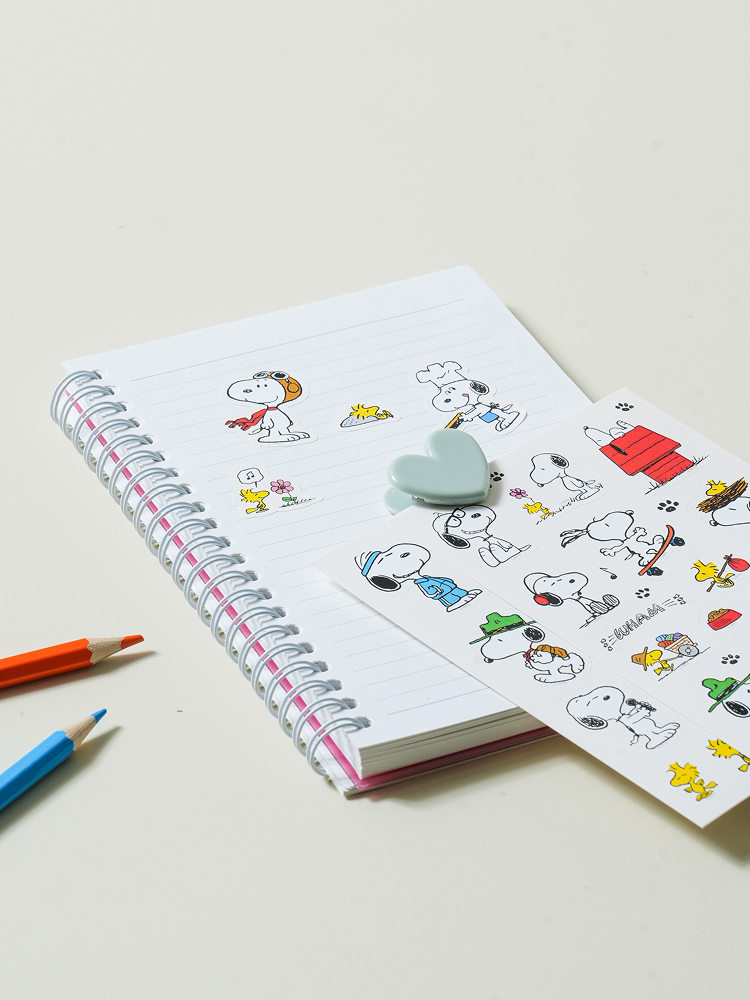 3 Peanuts distribution stickers, Snoopy and Woodstock