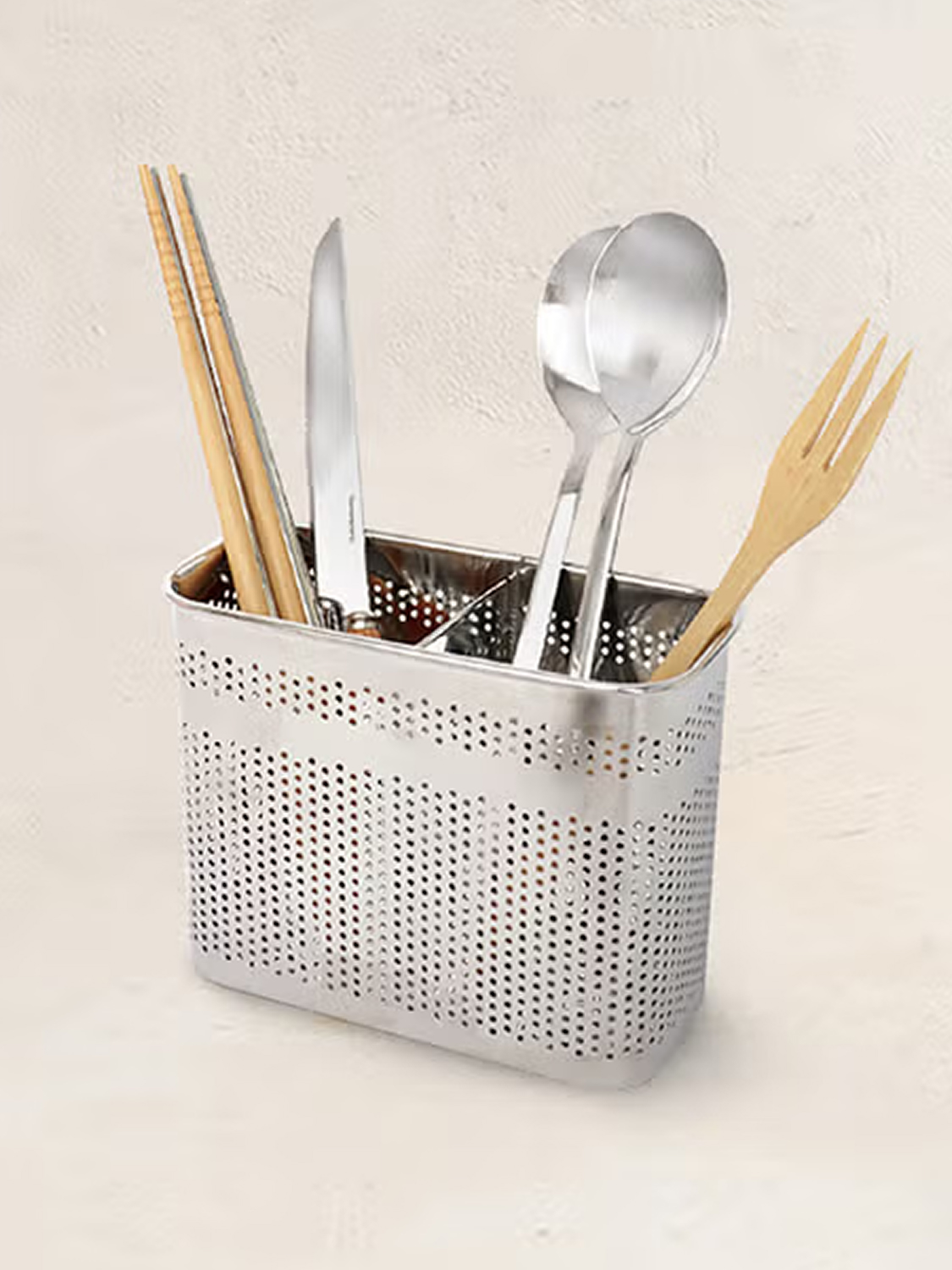 Rectangular hanging stainless steel cutlery container