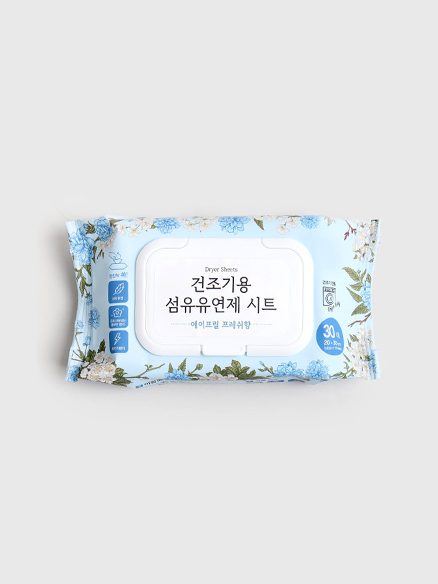 Fabric softener sheets for dryers, April fresh scent, 30 sheets