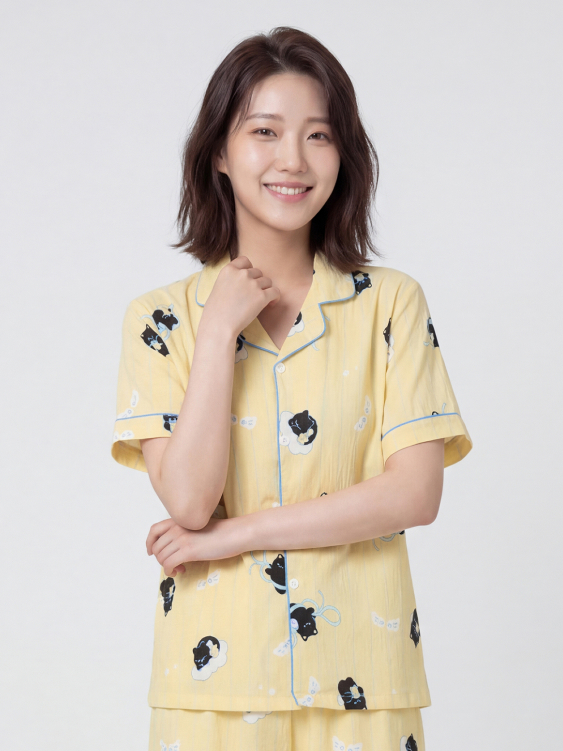 [Common] Pattern piping short sleeve pajamas L yellow
