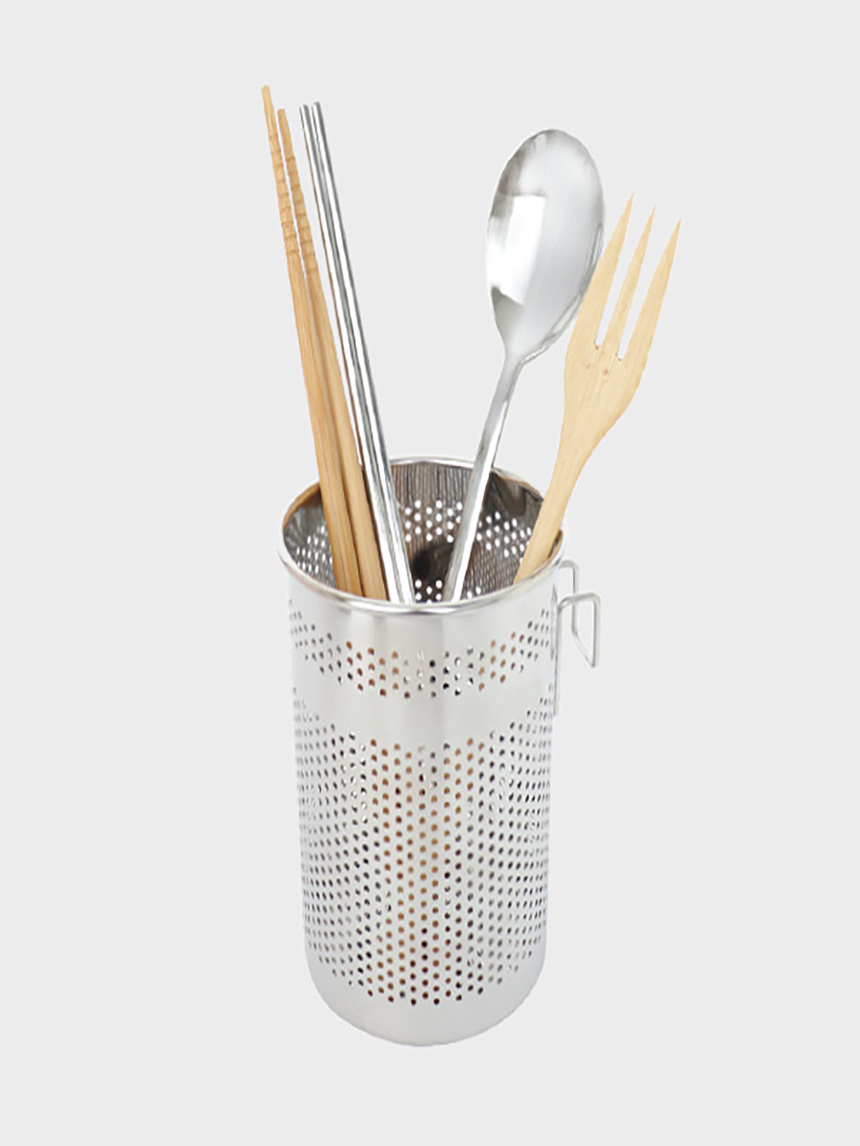 Hanging round stainless steel cutlery container