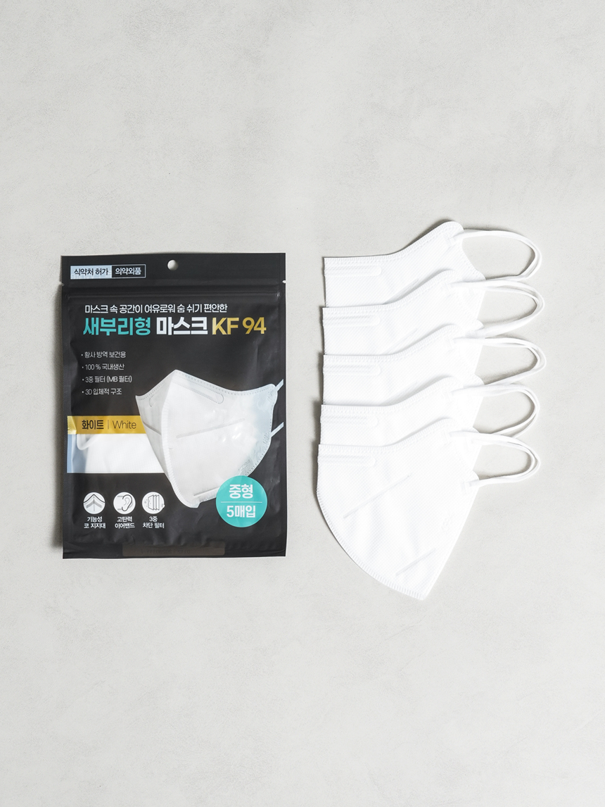 Reference: Bird-beak type mask KF94 white medium size 5 sheets