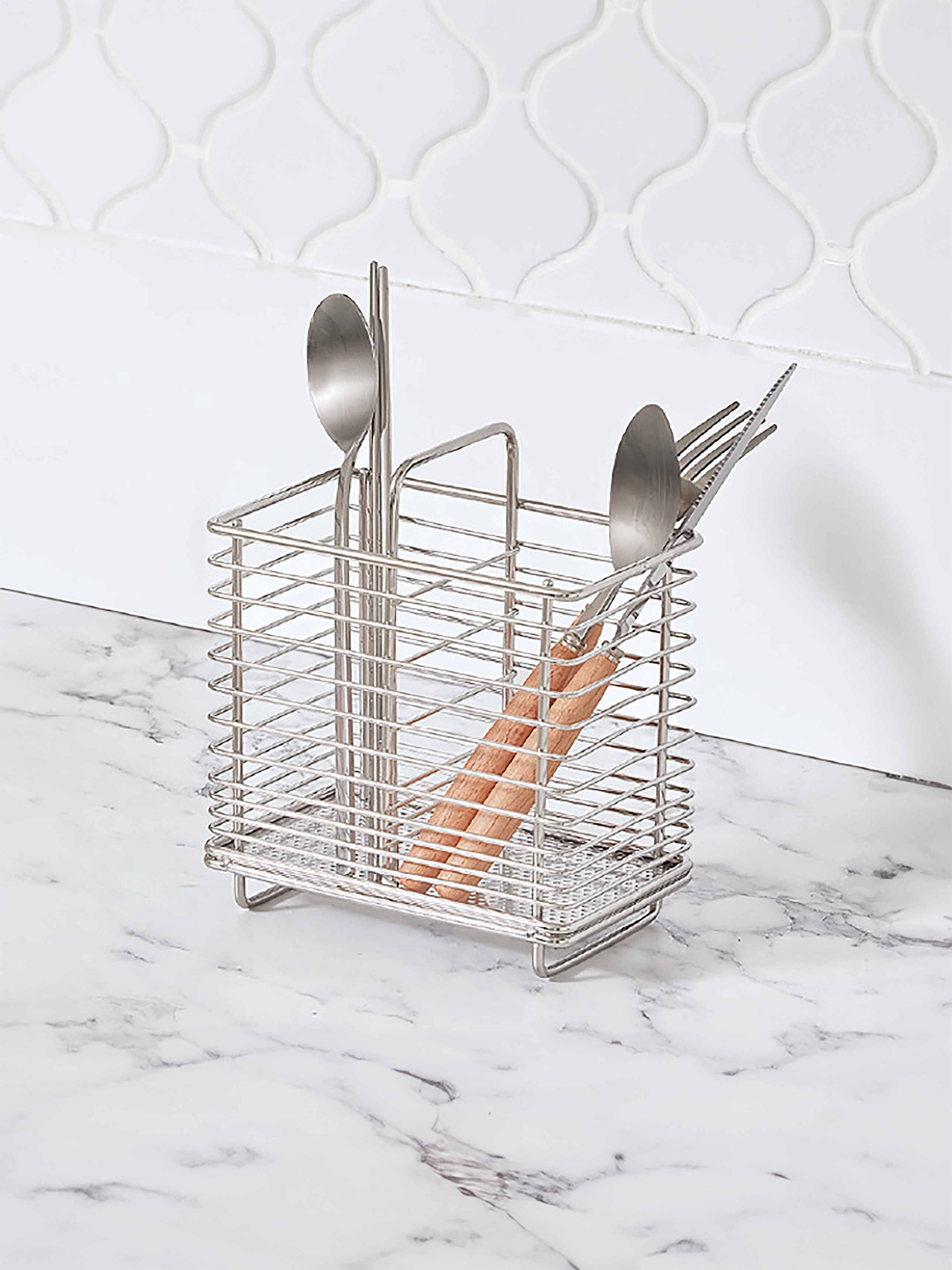 Stainless steel wire 2-compartment spoon holder 16.5cm