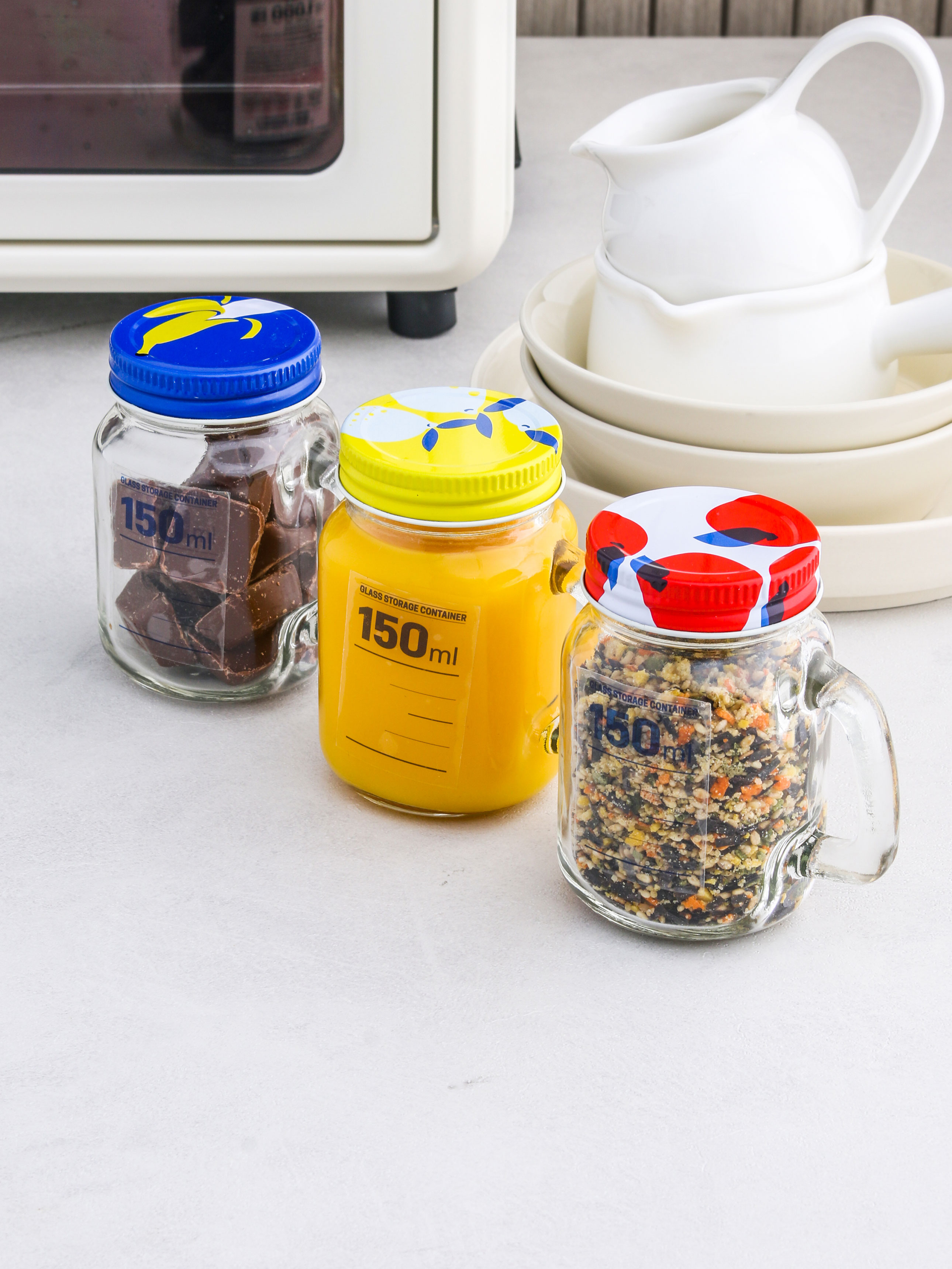 150ml steel cap dot handle glass bottle