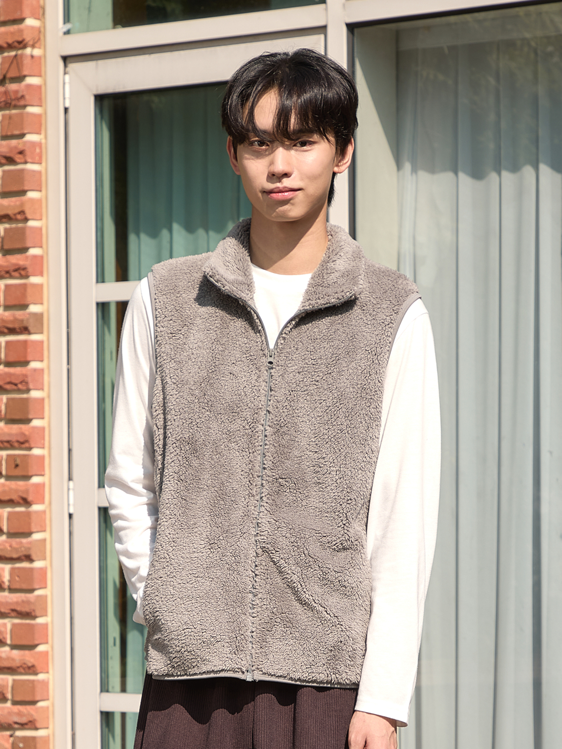 [Common]Fluffy Zip-up Vest Fleece L Gray