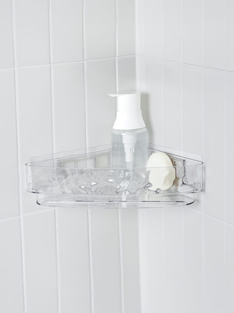 Attached triangular transparent bathroom organizer
