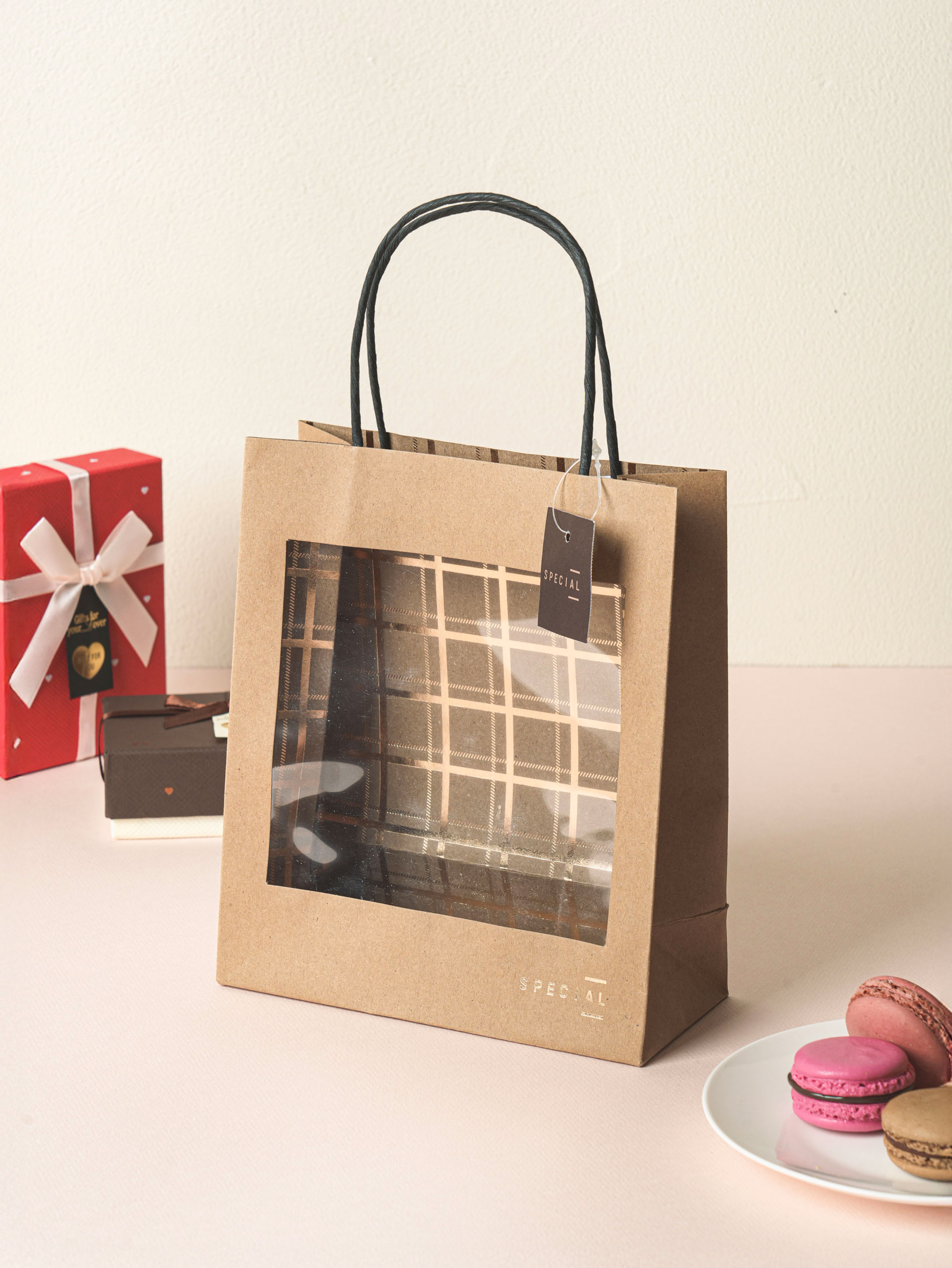 Square Clear Window Gold Foil Gift Bag