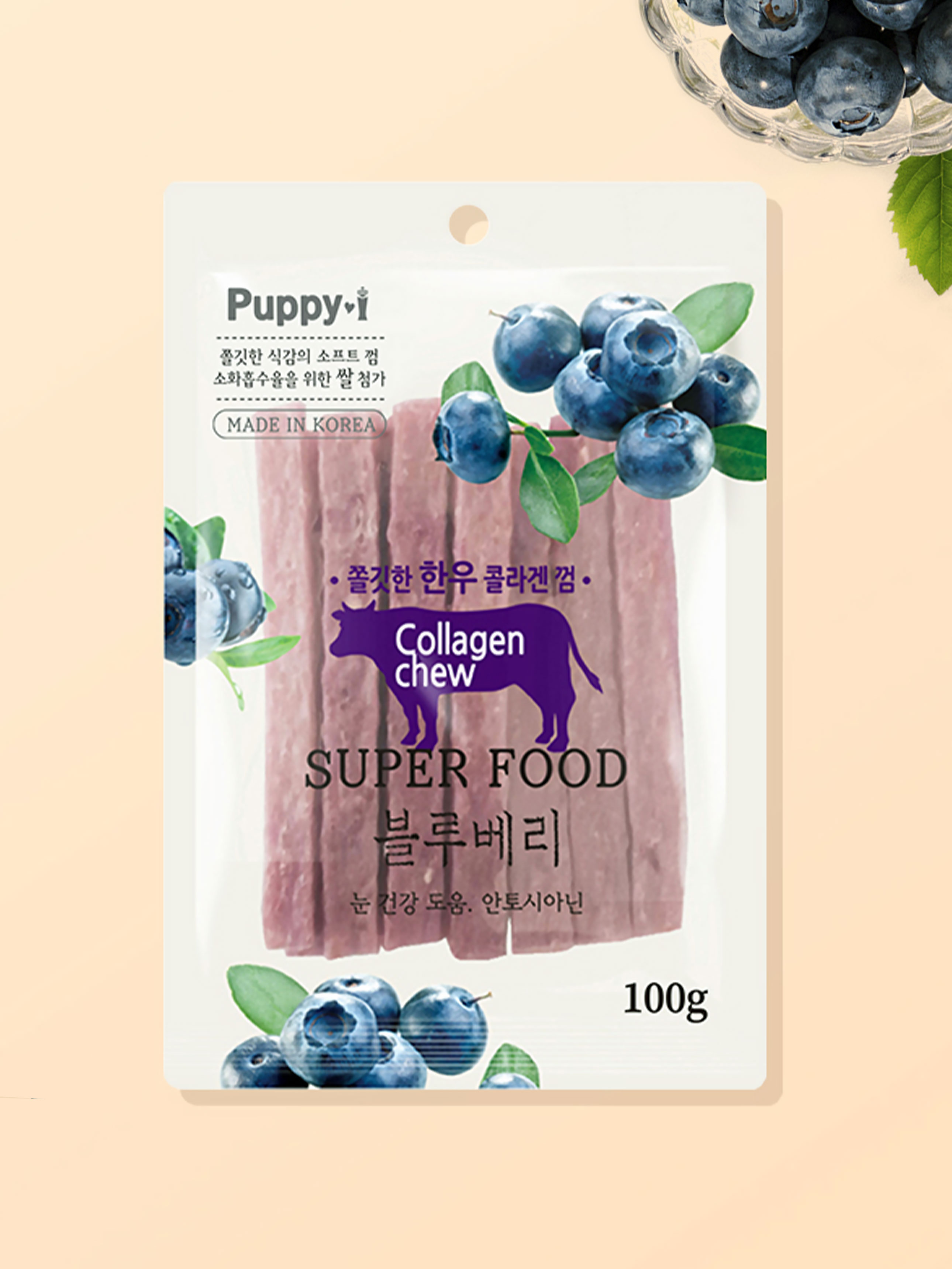 [Pet] Puppy Eye Chewy Korean Beef Collagen Gum Blueberry 100 g