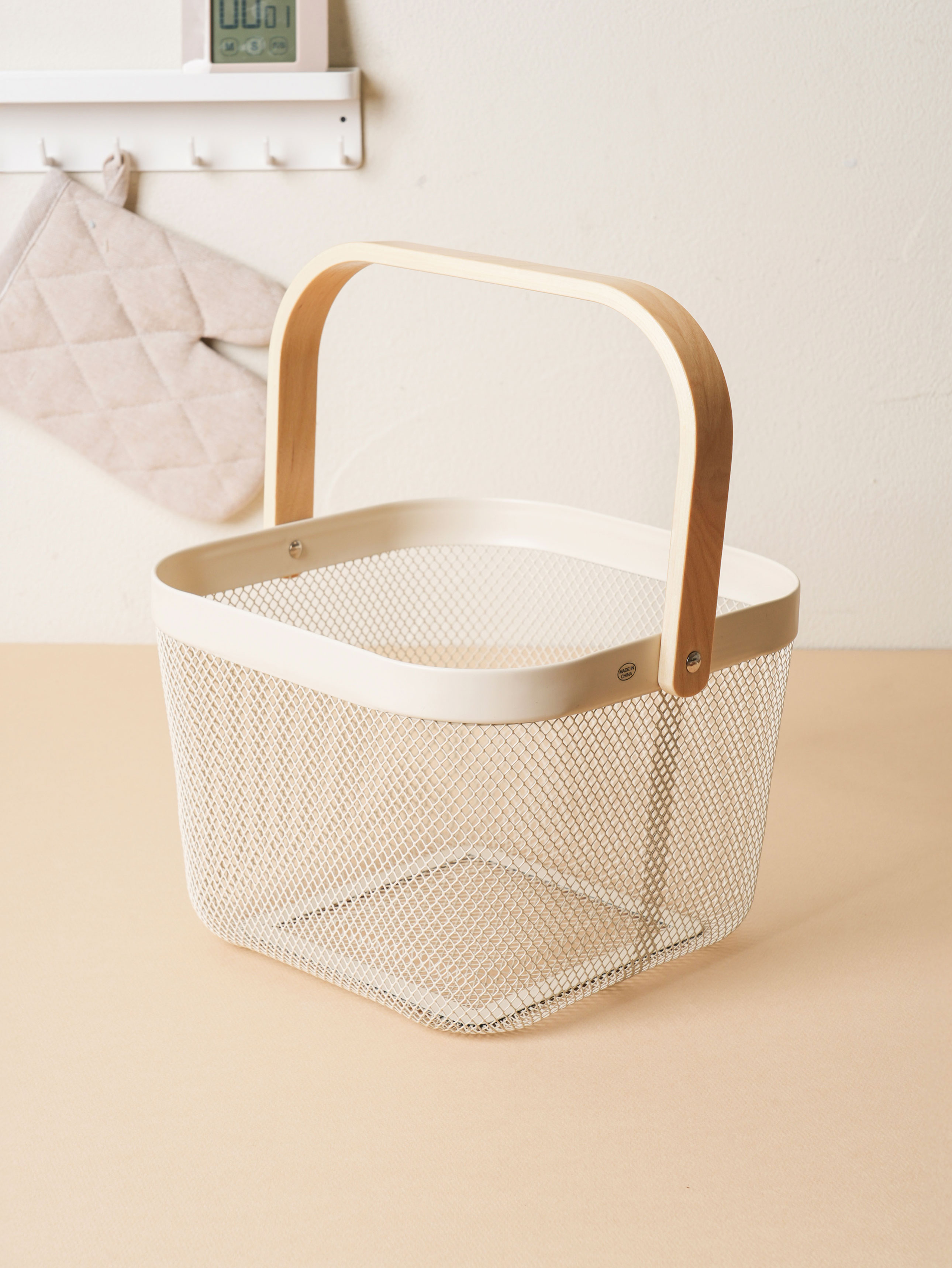 Wood handle mesh square basket large