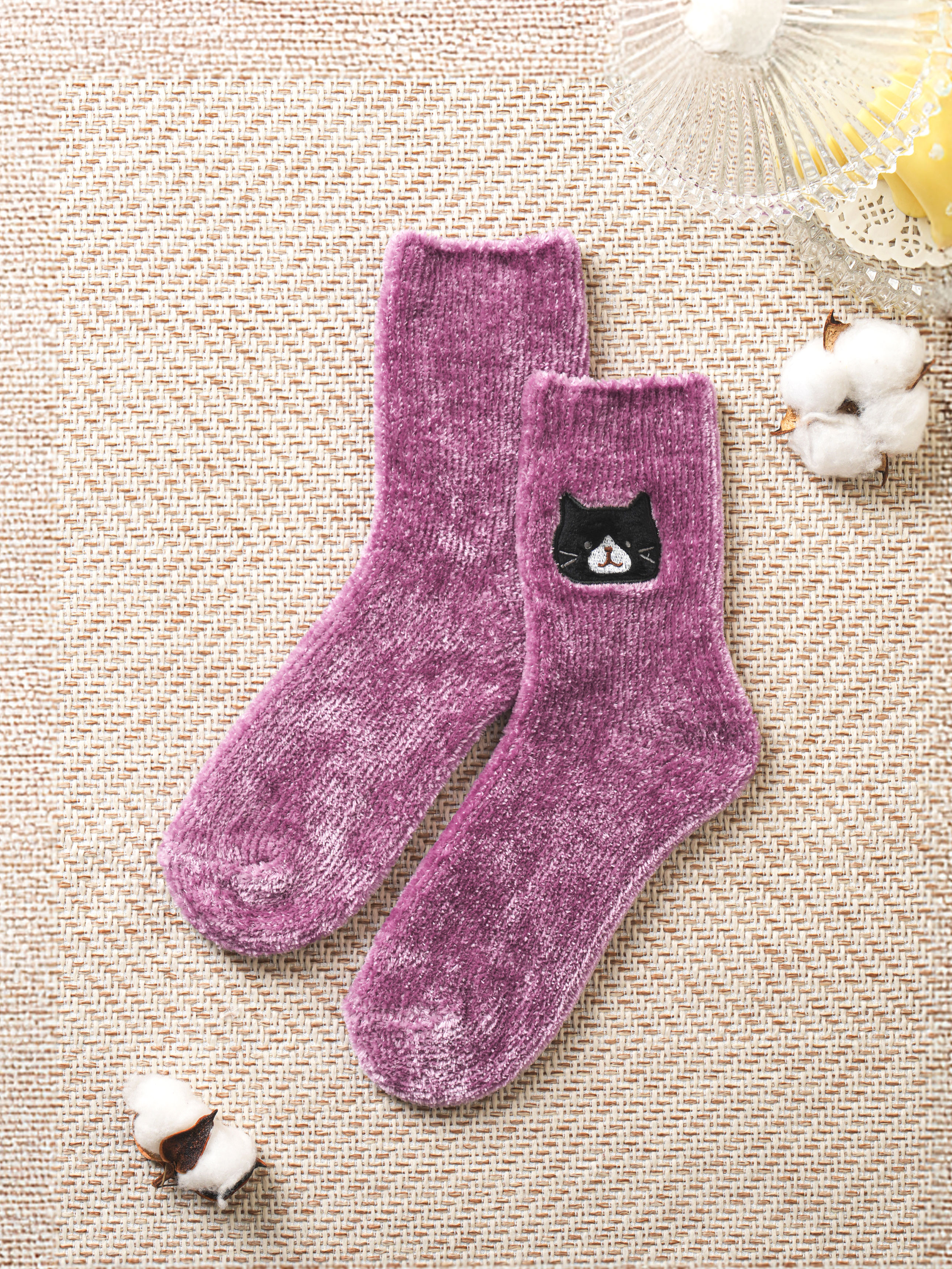 Embroidered Velvet Sleep Socks Purple