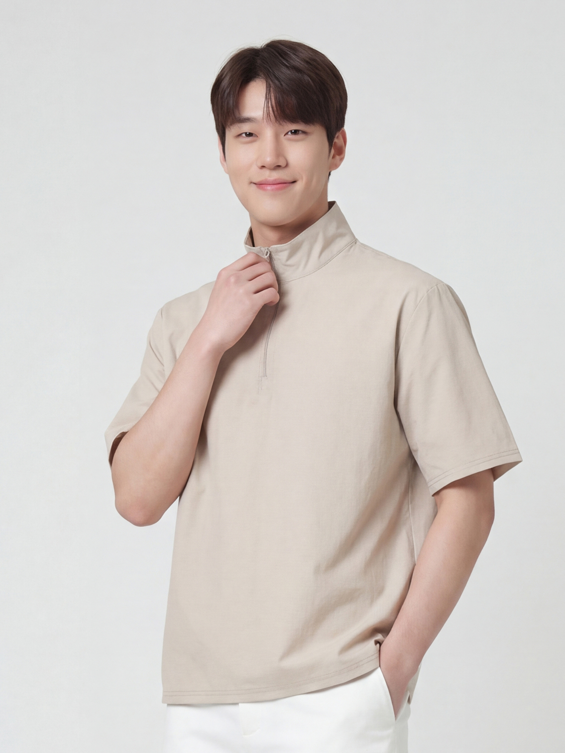 [Common] Nylon Span Half Zip Up Tee L Ivory