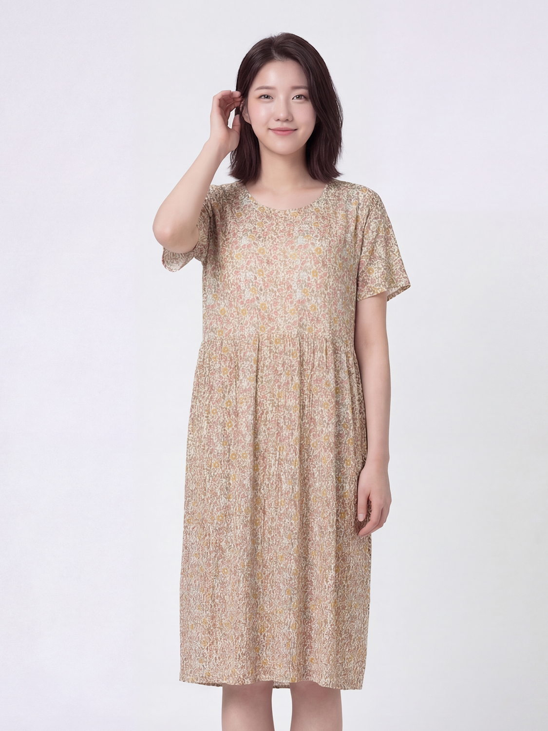 [Women] Pattern free cut pleated dress yellow