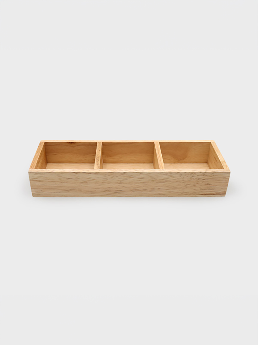 Rubber wood rectangular 3-compartment storage box