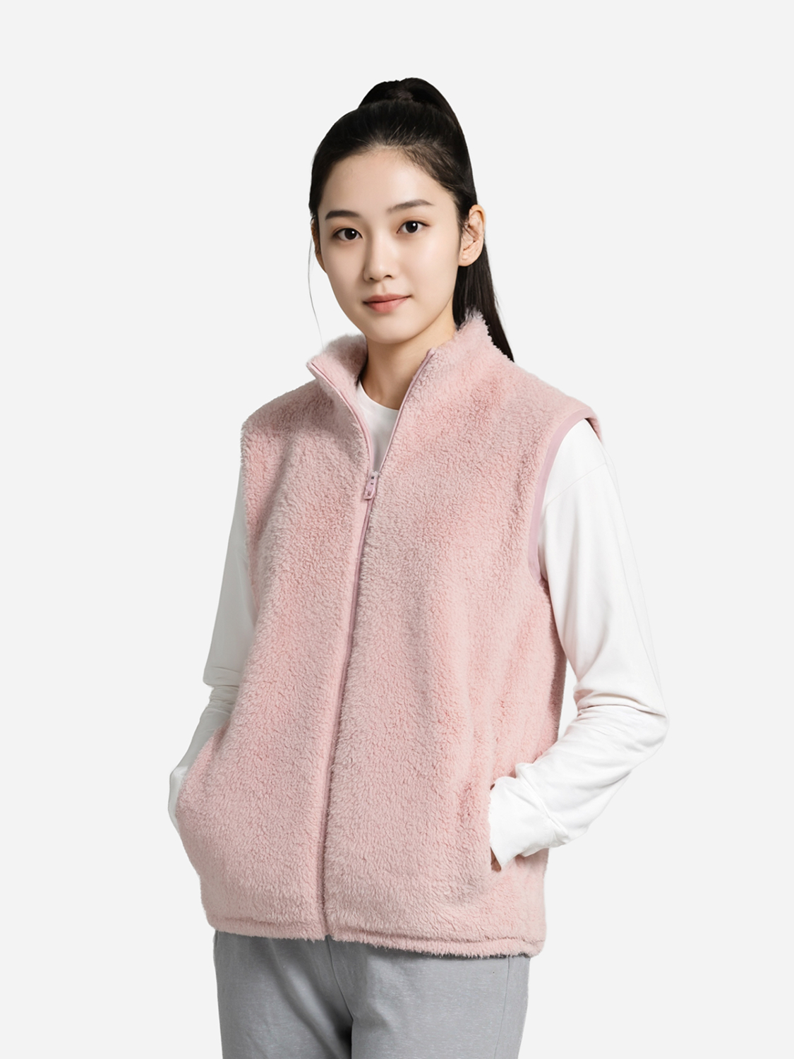 [Common]Fluffy Zip-Up Vest Fleece S Pink