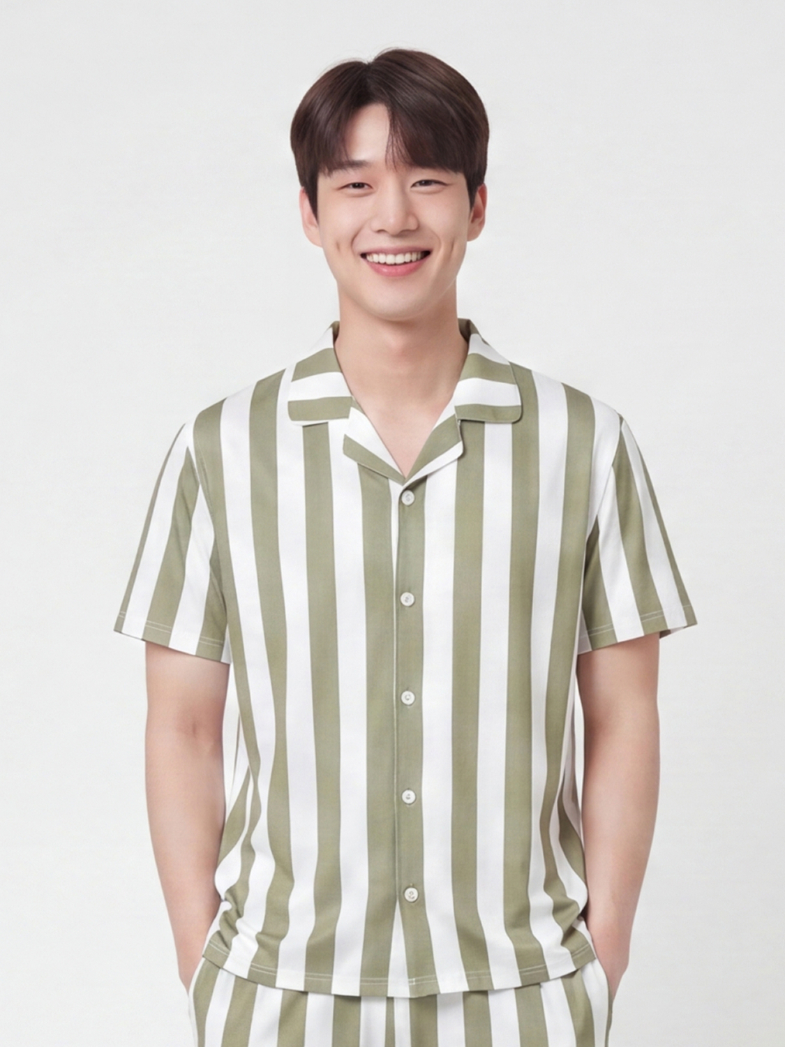 [Common] Pattern short sleeve pajamas L green stripe