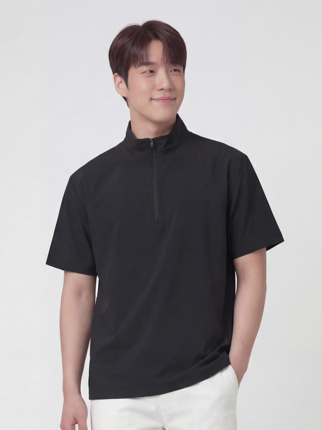[Men] Light half zip-up t-shirt M/L/XL black