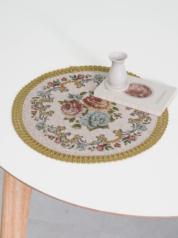 Jacquard Flower Mat Round Ivory