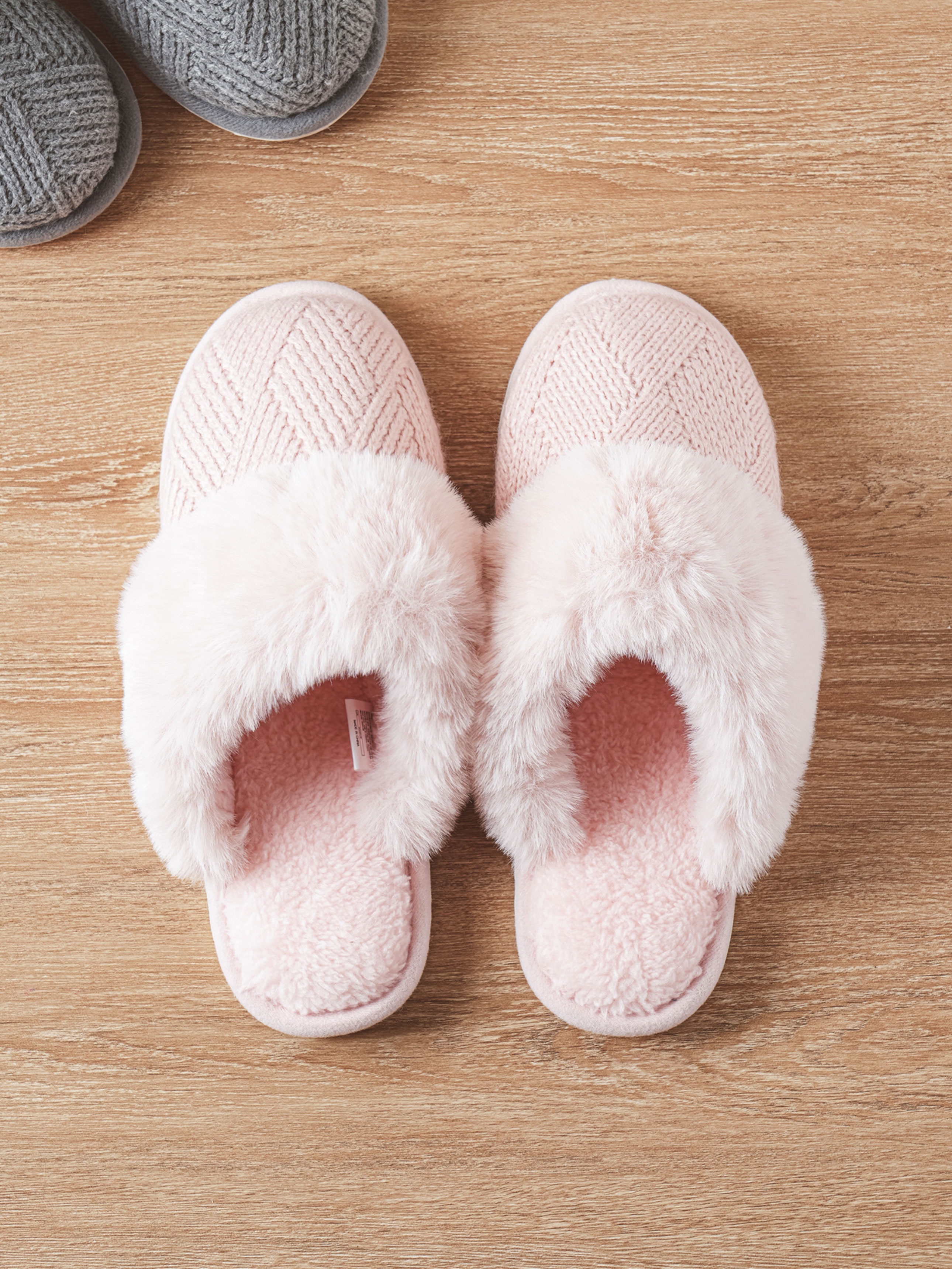 Knit woven fur lining blocked living room shoes 220~240 mm pink