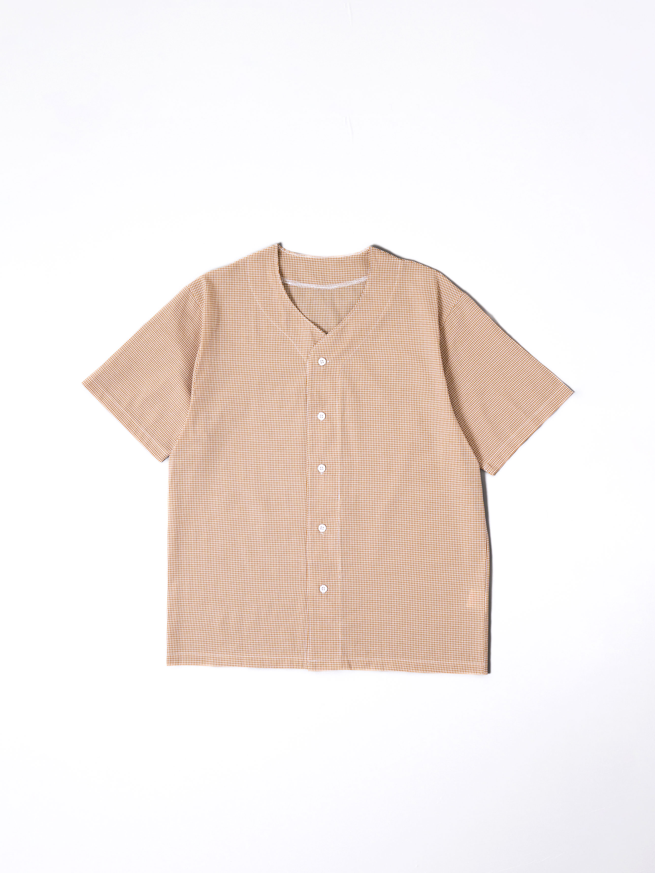 [Common] Cotton blend homewear no-collar short sleeve top M Brown