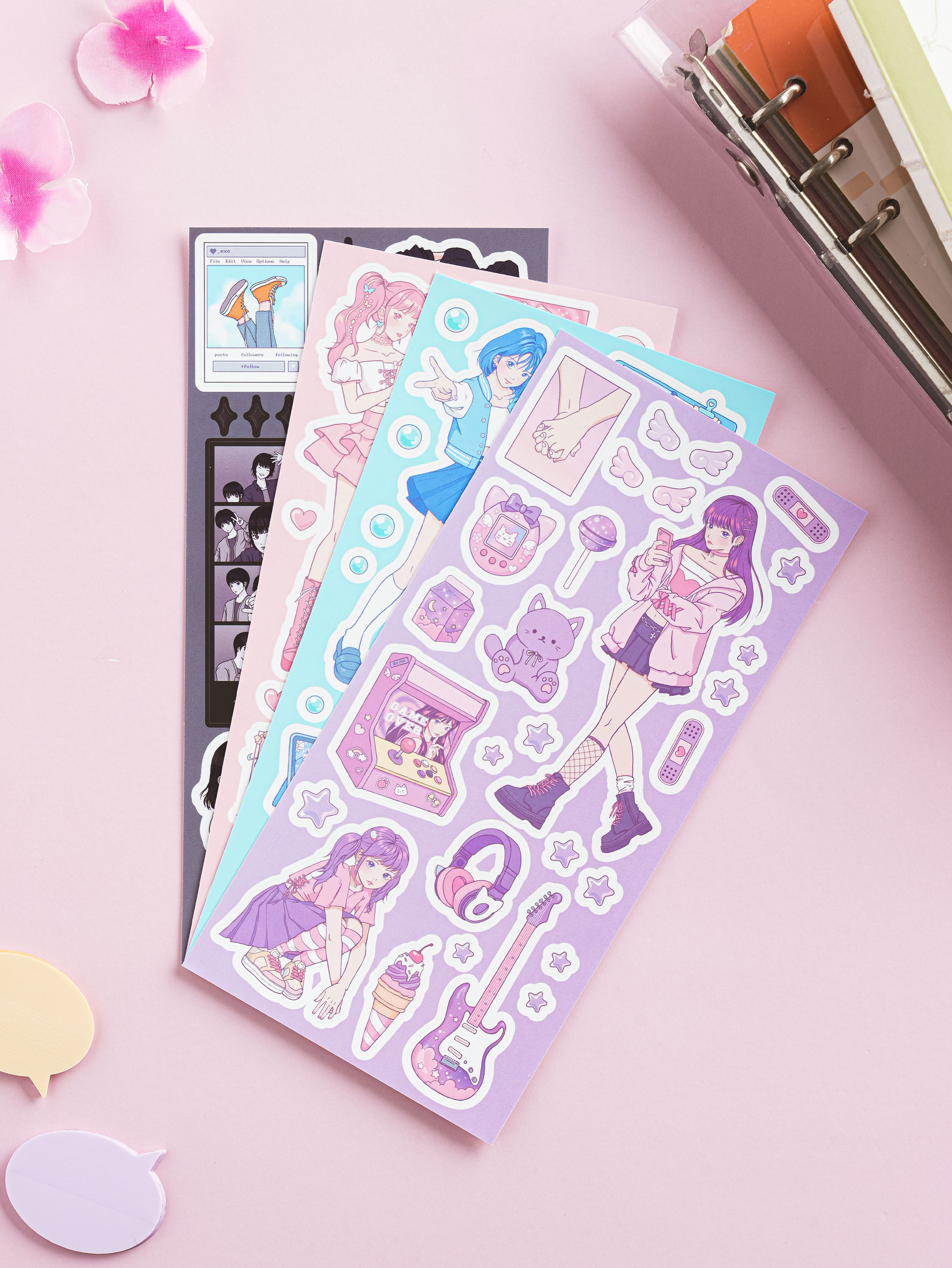 4 colored character stickers