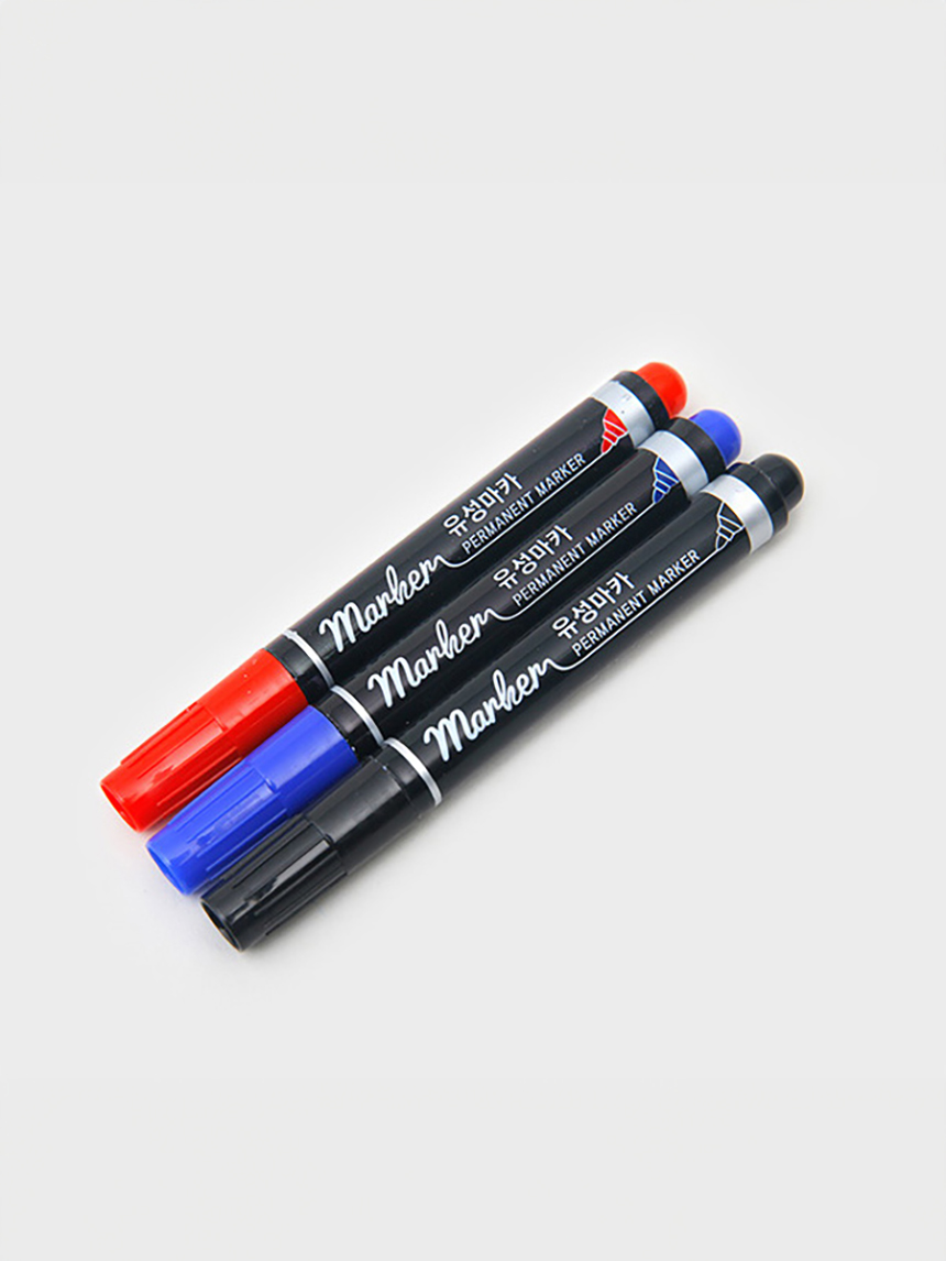 3 permanent markers (black, blue, red)